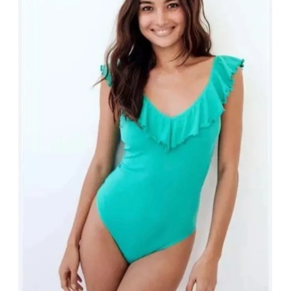 Aritzia Wilfred Danette Bodysuit Womens Size XS Teal Ruffle Frill Ribbed Stretch
